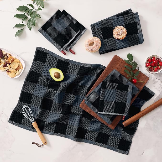 Homaxy Kitchen Towels and Dishcloths Set, 12 x 12 and 20 x 28 Inches, Set of 8 100% Cotton Waffle Weave Check Plaid Kitchen Dish Towels, Super Soft and Absorbent Dish Cloths, Black & Grey