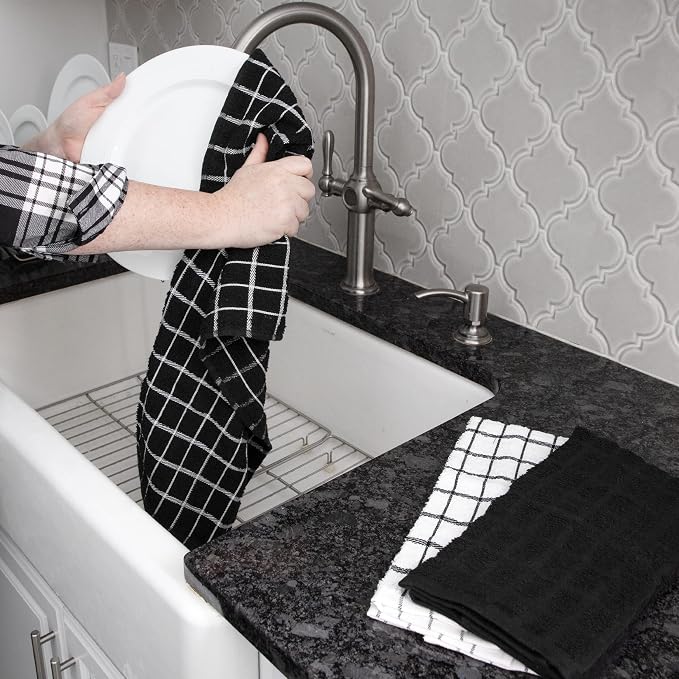 Ritz Premium 3-Pack Kitchen Towel & 6-Pack Dish Cloth Set - Highly Absorbent, Super Soft, Long-Lasting, 100% Cotton Terry Drying Cleaning Cloths, Black