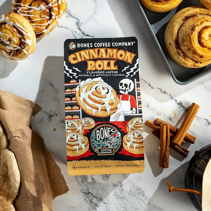 Bones Coffee Company Decaf Cinnamon Roll Decaffeinated Flavored Coffee, Medium Roast Low Acid Arabica Beans Compatible with Auto drip and French Press Coffee Maker, 12 Oz Ground