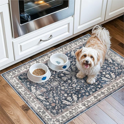 2x3 Non-Slip Washable Kitchen Rug - Boho Soft Small Area Rug for Sink, Entryway, Pet Area & Bathroom - Low Pile Thin Indoor Door Mat (Blue,2x3)