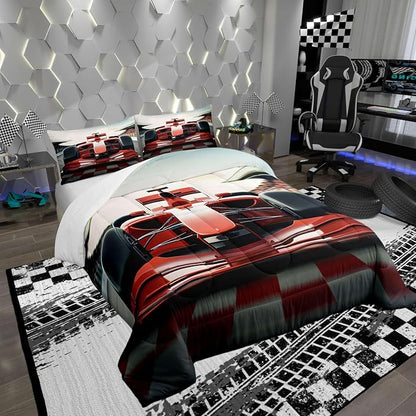 Manfei 3D Red Formula Car Comforter Set,Cool Racing Car Bedding Set Kids Teens Modern Decor,Racing Speed Sport Comforter with 1 Pillowcase for All Seasons,Twin
