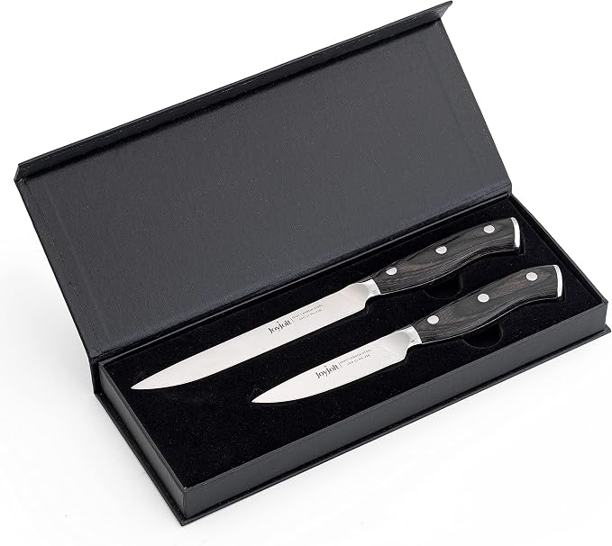 JoyJolt 2pc Kitchen Knife Set. 5.5” Utility Knife and 3.5” Paring Knife. High Carbon, x50 German Steel Tomato Knife, Magnetic Gift Boxed.