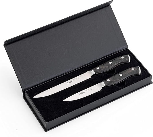 JoyJolt 2pc Kitchen Knife Set. 5.5” Utility Knife and 3.5” Paring Knife. High Carbon, x50 German Steel Tomato Knife, Magnetic Gift Boxed.