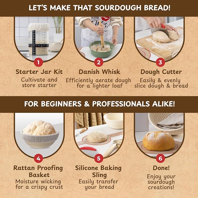 Complete Sourdough Bread Starter Kit, Glass Sourdough Starter Jar Kit & Tons of Sourdough Baking Supplies - Sourdough Starter Kit Includes Sourdough Jar, Banneton Bread Proofing Basket & More