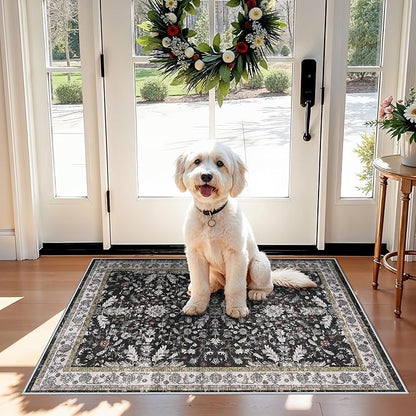 2x3 Rug Non-Slip Washable for Kitchen – Boho Small Throw Rug for Sink & Entryway, Soft Low Pile Thin Indoor Mat for Pet Area & Bathroom (Black, 2x3)