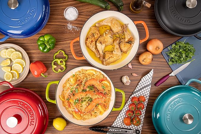 Shallow Cast Iron Casserole with Lid – Non Stick Dutch Oven Pot, Oven Safe up to 500° F – Sturdy Ovenproof Stockpot Cookware – Enamelled Cooking Pot – Blue, 3.7-Quart, 30cm – by Nuovva