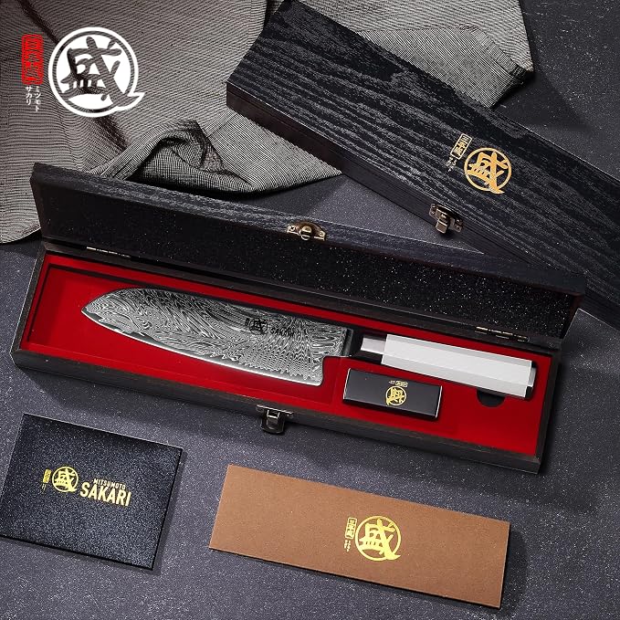 MITSUMOTO SAKARI 7-Inch VG-Pro Damascus Santoku Knife, Hand Forged Professional Japanese Chef Knife, Ergonomic G10 Handle & Sandalwood Box