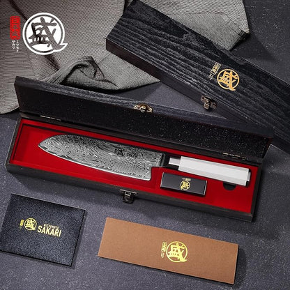 MITSUMOTO SAKARI 7-Inch VG-Pro Damascus Santoku Knife, Hand Forged Professional Japanese Chef Knife, Ergonomic G10 Handle & Sandalwood Box
