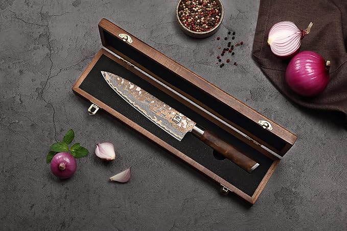 zayiko Damascus Chef Knife 8.8 Inch, VG10 Core Kitchen Knife for Meat, Fish & Vegetables, 67-Layer Copper Damascus Steel, Maple Root Wood Handle, Wooden Gift Box