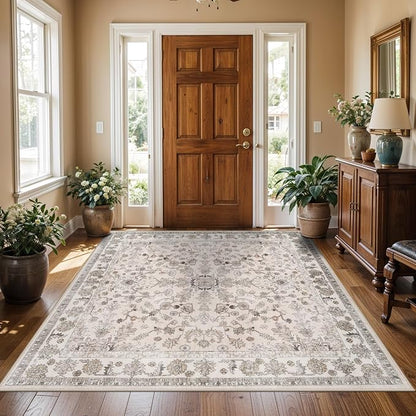 5x5 Square Washable Rug for Living Room: Non Slip Indoor Entryway Foot Carpet for Kitchen, Boho Soft Beige 5ftx5ft Low Pile Neutral Area Rug for Dining Room Bathroom (Beige, 5x5)