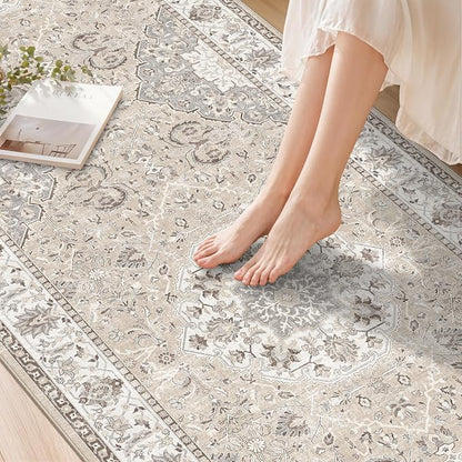 Hallway Washable Runner Rug - 3x20 Kitchen Rugs Entryway Rug Long Runner Vintage Soft Floor Mat Non Slip Indoor Farmhouse Carpet for Bathroom Living Room Bedroom (3 X 20, Beige)