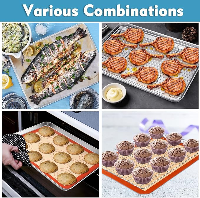 P&P CHEF 16 Inch Baking Oven Sheet Pan with Rack & Mat for Cookie, Stainless Steel Oven Sheet Tray Cooling Rack and Silicone Mat for Baking & Roasting, Dishwasher Safe & Healthy, 3Pcs