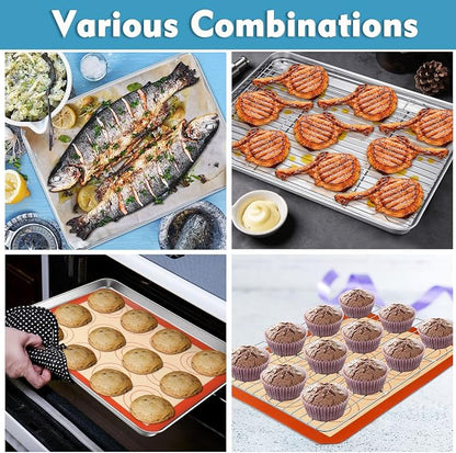 P&P CHEF 16 Inch Baking Oven Sheet Pan with Rack & Mat for Cookie, Stainless Steel Oven Sheet Tray Cooling Rack and Silicone Mat for Baking & Roasting, Dishwasher Safe & Healthy, 3Pcs
