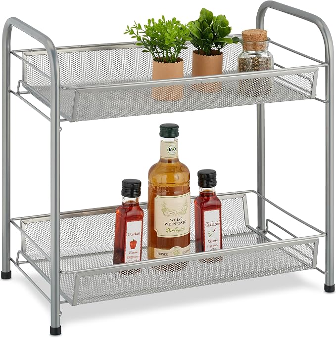 Relaxdays Spice Rack, 2 Levels, Table Kitchen & Bathroom, Make-Up, Perfume, Metal Shelf, 44.5x48x27cm, Silver, Steel, 44.5 x 48 x 27 cm