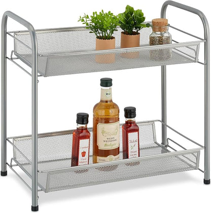 Relaxdays Spice Rack, 2 Levels, Table Kitchen & Bathroom, Make-Up, Perfume, Metal Shelf, 44.5x48x27cm, Silver, Steel, 44.5 x 48 x 27 cm