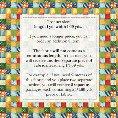 Patchwork Cotton Fabric Panel 61 x 36.6 Inches, Colorful Geometric Squares Quilt Style, 100% Cotton 140 GSM, Sewing Quilting Craft Fabric