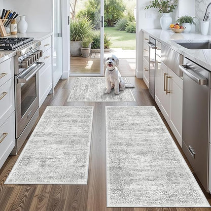 Washable Non-Slip 3 Piece Kitchen Rugs Set – Modern Boho Low-Pile Area Rugs and Runner for Entryway Bathroom Hallway – Decorative Small Indoor Rugs (Grey Ivory, 2x3+2x4+2x5)
