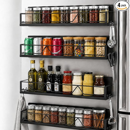 Magnetic Spice Rack for Refrigerator & Oven, 4 Pack XL Heavy Duty Magnetic Shelf for Fridge with Hooks, No Drill Rust Proof Shelves for Washer and Dryer, Sleek fridge magnet organizer