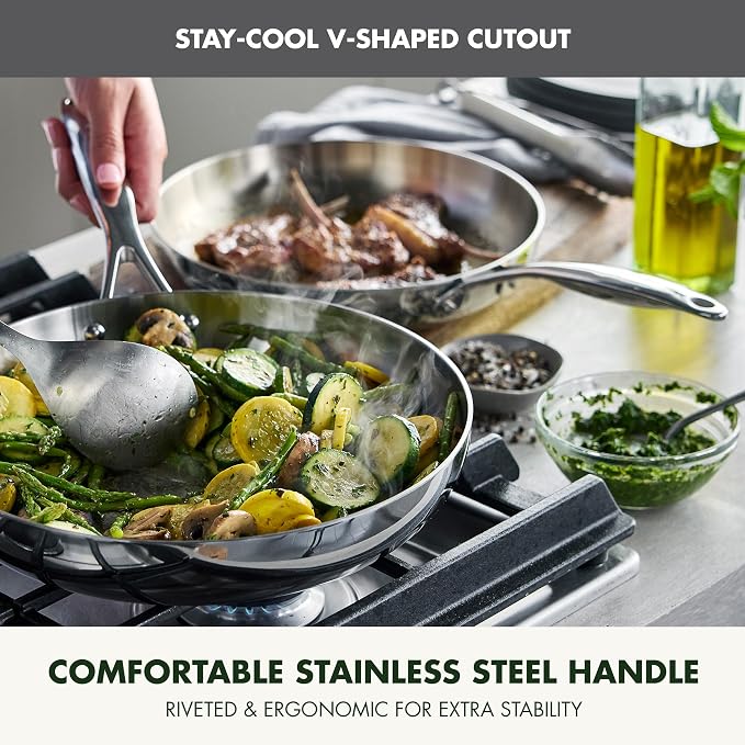 GreenPan Valencia Pro Tri-Ply Stainless Steel 10" & 12" Frying Pan Skillet Set, Induction Ready, Mirror Finish, Dishwasher Safe & Oven/Broiler Safe to 600F, Compatible with All Cooktops
