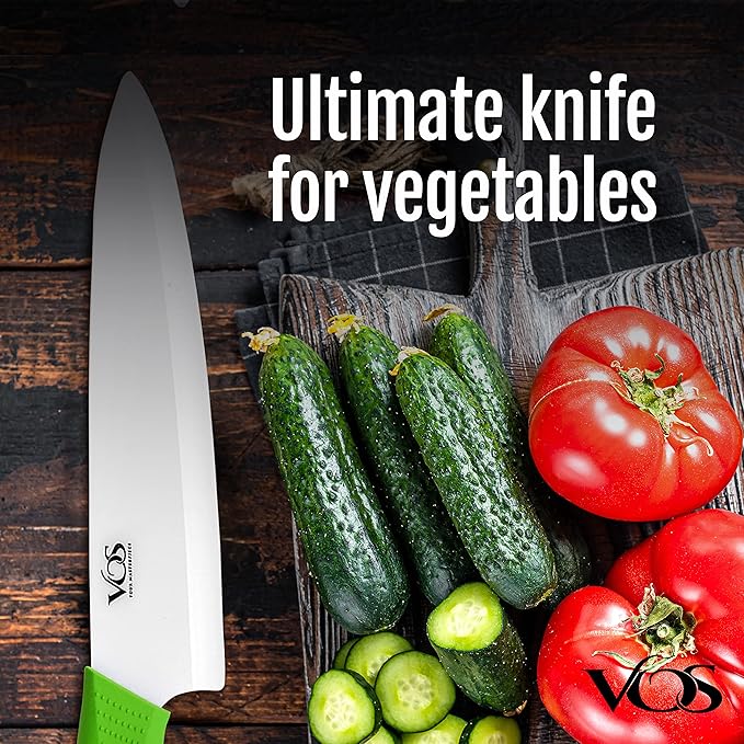 Vos Ceramic Chef Knife 8 Inch with Protective Cover – Zirconia Ceramic Blade for Food Preparation – Lightweight Kitchen Knife (Green)