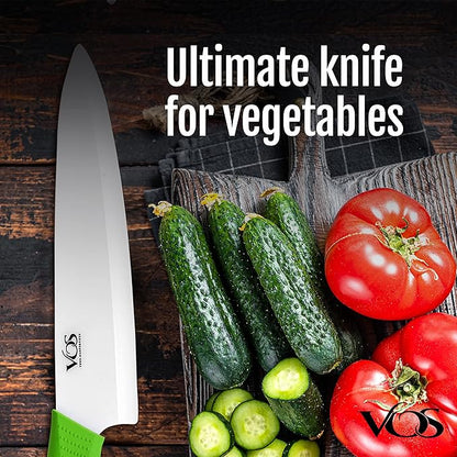 Vos Ceramic Chef Knife 8 Inch with Protective Cover – Zirconia Ceramic Blade for Food Preparation – Lightweight Kitchen Knife (Green)