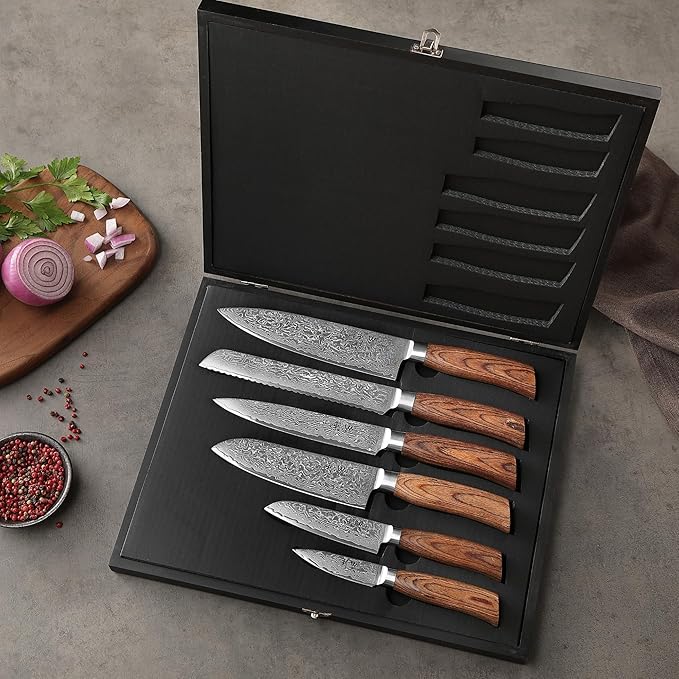 Wakoli EDIB Pro 6-Piece Damascus Knife Set, VG10 Core 67-Layer Damascus Steel Kitchen Knives with Ergonomic Pakkawood Handles, Chef Knife Set in Elegant Gift Box, Hand Wash Only