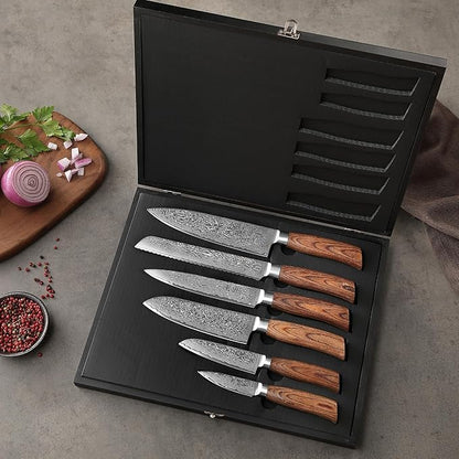 Wakoli EDIB Pro 6-Piece Damascus Knife Set, VG10 Core 67-Layer Damascus Steel Kitchen Knives with Ergonomic Pakkawood Handles, Chef Knife Set in Elegant Gift Box, Hand Wash Only