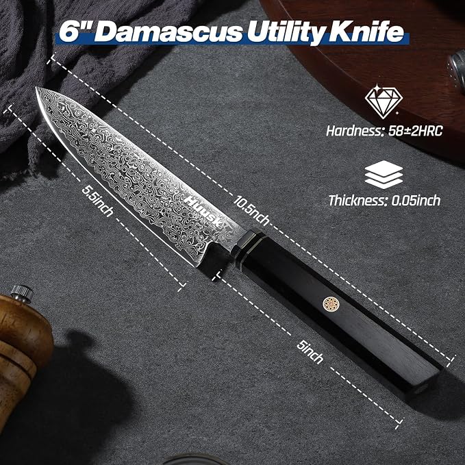 Huusk Damascus Utility Knife Japanese - 5.5 inch Handcrafted VG10 Paring Knife, Small Chef Knives with Wooden Handle, Versatile Kitchen Knives for Vegetable Fruit, Birthday Christmas Gifts for Men Wom