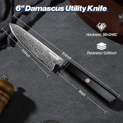 Huusk Damascus Utility Knife Japanese - 5.5 inch Handcrafted VG10 Paring Knife, Small Chef Knives with Wooden Handle, Versatile Kitchen Knives for Vegetable Fruit, Birthday Christmas Gifts for Men Wom