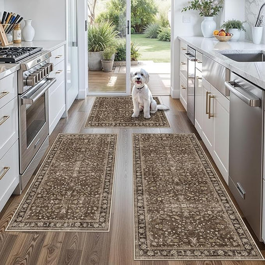 Washable Non-Skid 3 Piece Kitchen Rugs Set – Modern Boho Floral Low-Pile Area Rugs and Runner for Entryway, Bathroom, Hallway – Decorative Small Indoor Rugs (Brown, 2x3+2x4+2x5)