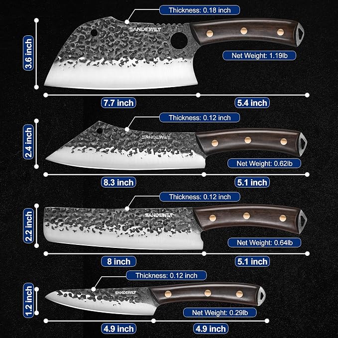 4-Piece Butcher Knife Set with 7” Cleaver, 8” Chef Knife, 8” Nakiri & 5” Utility Knife – Hand Forged Full Tang Kitchen Knives with Sharpening Stone for BBQ, Meat, Veggies & Outdoor Cooking