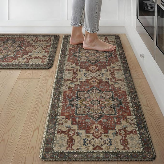 GENIMO Kitchen Mats for Floor 2PCs, Washable Anti Fatigue Mat for Cushioned, 17.3"x47"+17.3"x30", Waterproof Kitchen Rugs, Non Slip Comfort Standing Mat Rug for Home, Sink, Laundry, Bordeaux