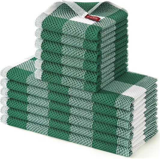 Homaxy Kitchen Towels and Dishcloths Set, 12 x 12 and 13 x 28 Inches, Set of 12 100% Cotton Waffle Weave Check Plaid Kitchen Dish Towels, Super Soft and Absorbent Dish Cloths, White & Dark Green