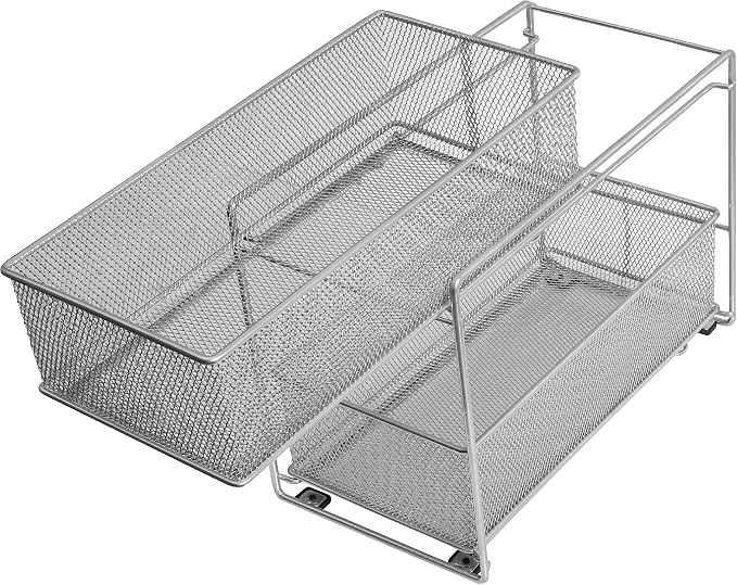 YBM Home Silver 2 Tier Mesh Sliding Spice and Sauces Basket Cabinet Organizer Drawer 2304