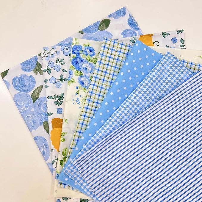 7Pcs 20" x 20" Cotton Fabric DIY Making Supplies Quilting Patchwork Fabric Fat Quarter Bundles DIY for Quilting Cotton Patchwork Cushions (Blue, 20 x 20 inches)