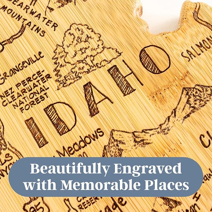 Totally Bamboo Destination Idaho Shaped Cutting Board – Bamboo Charcuterie and Serving Board with Hang Tie for Wall Display
