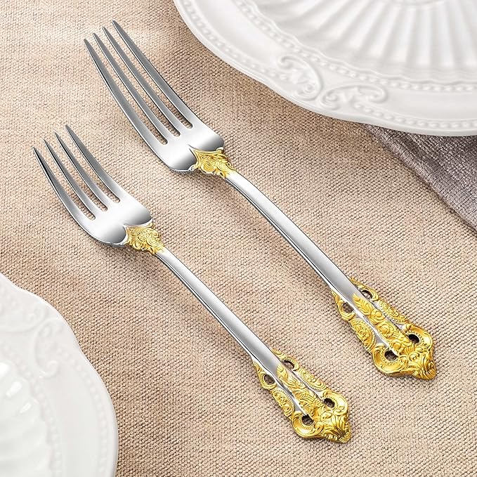 KEAWELL Luxury Salad Forks Dessert Forks Set, Set of 4, 18/10 Stainless Steel, 7 Inches, Dishwasher Safe, Mirror Polished, Silverware Fork Set (Gold Accent)