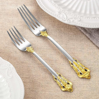 KEAWELL Luxury Salad Forks Dessert Forks Set, Set of 4, 18/10 Stainless Steel, 7 Inches, Dishwasher Safe, Mirror Polished, Silverware Fork Set (Gold Accent)