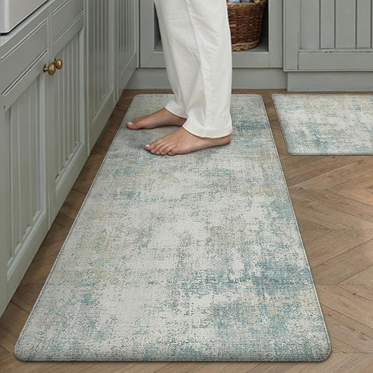 Kitchen Mats for Floor Set of 2 Anti Fatigue Waterproof Kitchen Rug Blue Cream Abstract Cushioned Non-Slip Kitchen Mats Comfort Standing Neutral Mat for Sink Laundry Office 17.3"×47"+17.3"×30"