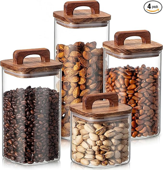 Layhit 4 Pcs Glass Food Storage Jars with Airtight Wood Lid Storage Jars Containers with Stickers Marker for Candy, Cookie, Rice, Sugar, Flour, Pasta, Nuts, 4 Size (Square)