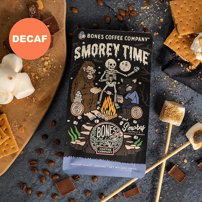 Bones Coffee Company Decaf S'morey Time, S'mores and Graham Crackers Decaffeinated Flavored Coffee, Medium Roast Low Acid Arabica Beans For Auto drip and French Press Coffee Maker, 12 Oz Ground