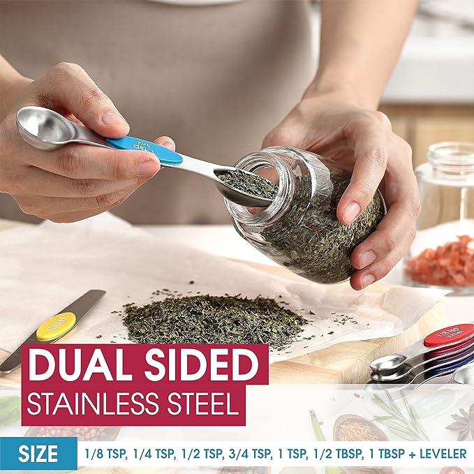 Spring Chef Stainless Steel Magnetic Measuring Spoons Set with Strong Magnets, Heavy Duty Metal Kitchen Essentials - Fits in Most Kitchen Spice Jars, Multicolor, Set of 8 with Leveler