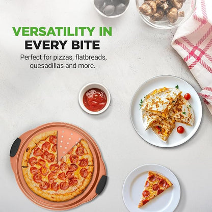 NutriChef 13-Inch Nonstick Pizza Tray - Round Carbon Steel Non-Stick Pizza Baking Pan with Perforated Holes, Premium Bakeware Pizza Screen with Silicone Grip Handles, Dishwasher Safe - Copper