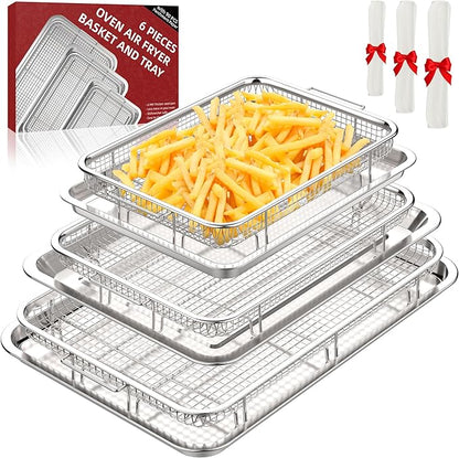 3 Set Air Fryer Basket, Air Fryer Pans and Tray for Oven with 90 PCS Parchment Papers, DEGOVIN Non-stick Stainless Steel Oven Air Fryer Basket and Tray-18.8" x 12.8" &14.88"×10.98"&12.8" x 8.9"