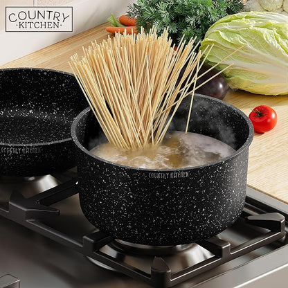 Country Kitchen Cookware Set with Removable Handle, Oven & RV Safe Pots and Pans Set, Black, Original