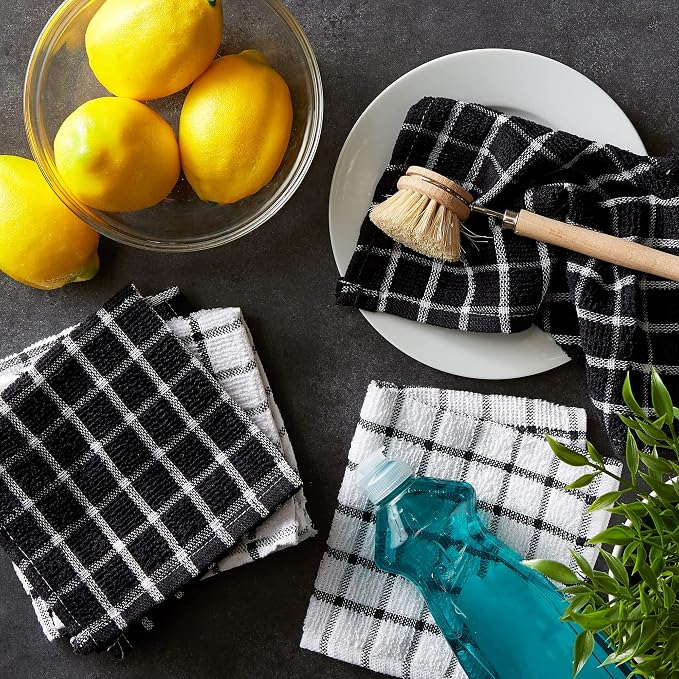 DII Basic Terry Collection Windowpane Dishcloth Set, 12x12, Black, 6 Piece