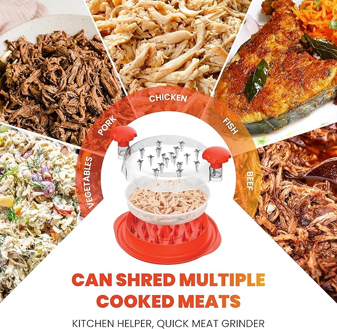 Orange Chicken Shredder Tool Twist 10" Upgraded 3-Layer Meat Shredder for Chicken Breast, Pork & Beef | Transparent Visible Lid Food Shredder with Removable Plate, Non-Slip Base, BPA-Free