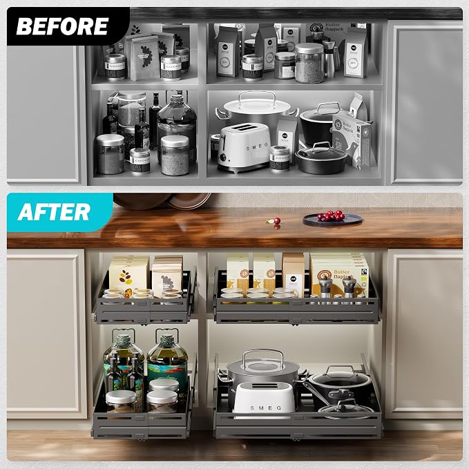 Pull Out Cabinet Organizer, Expandable Width 13"-22", Heavy Duty Metal Slide Out Drawers for Cabinets, Expandable Cabinet Pull Out Shelves for Kitchen, Pantry, Bathroom, Black