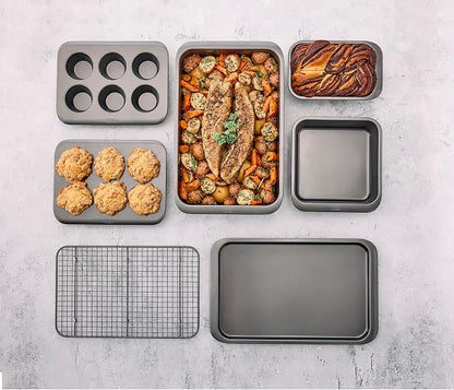 Chicago Metallic 7-Piece Nonstick Bakeware Nesting Set - Carbon Steel Baking Sheet, Loaf Pan, Muffin Pan, Cake Pan, Roaster and Cooling Rack