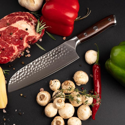 Japanese Chef Knife - 67 Layer Damascus Steel Kitchen Knife with Hand Hammered Finish - Professional Sharp Cooking Knife